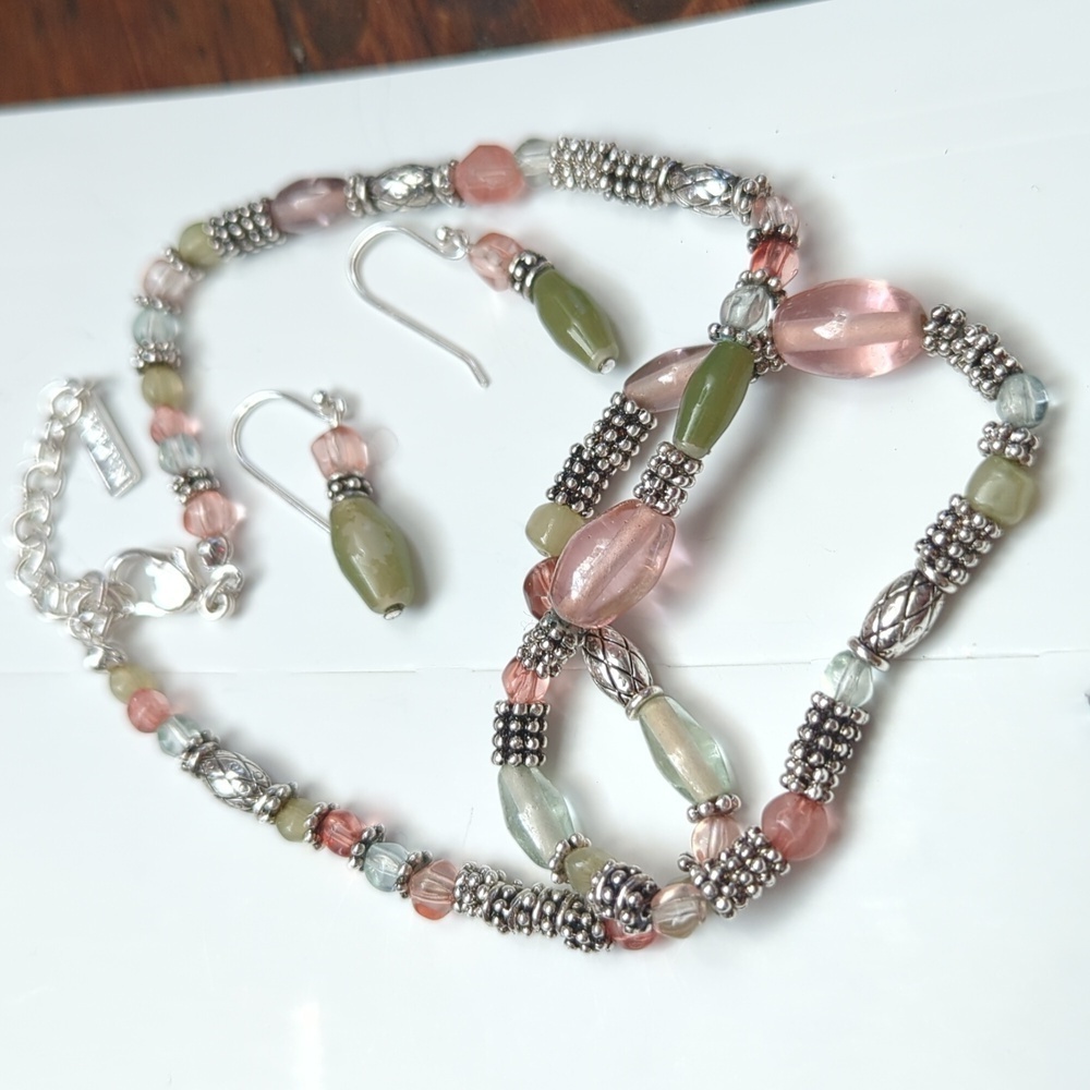 🩷 Napier Necklace 2" drop earrings signed vintage silver tone pink green bead